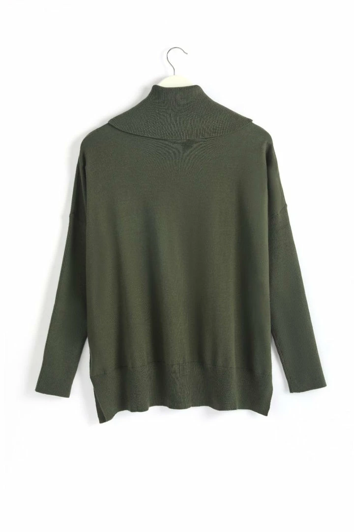 Among The Brave Vital Dark Khaki Soft Fine Gauge Relaxed Roll Neck Knit Fashion