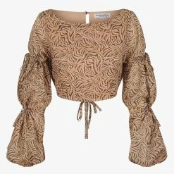 Charlie Holiday Whitney Crop Brown Abstract Animal LS Blouse Fashion