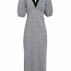 Among The Brave Amora Periwinkle Blue Floral SS Puff Sleeve Panel Bodice Bias Maxi Slip Dress