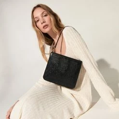 Brie Leon Accessories Audrey Square Structured Black Snake Skin Bag