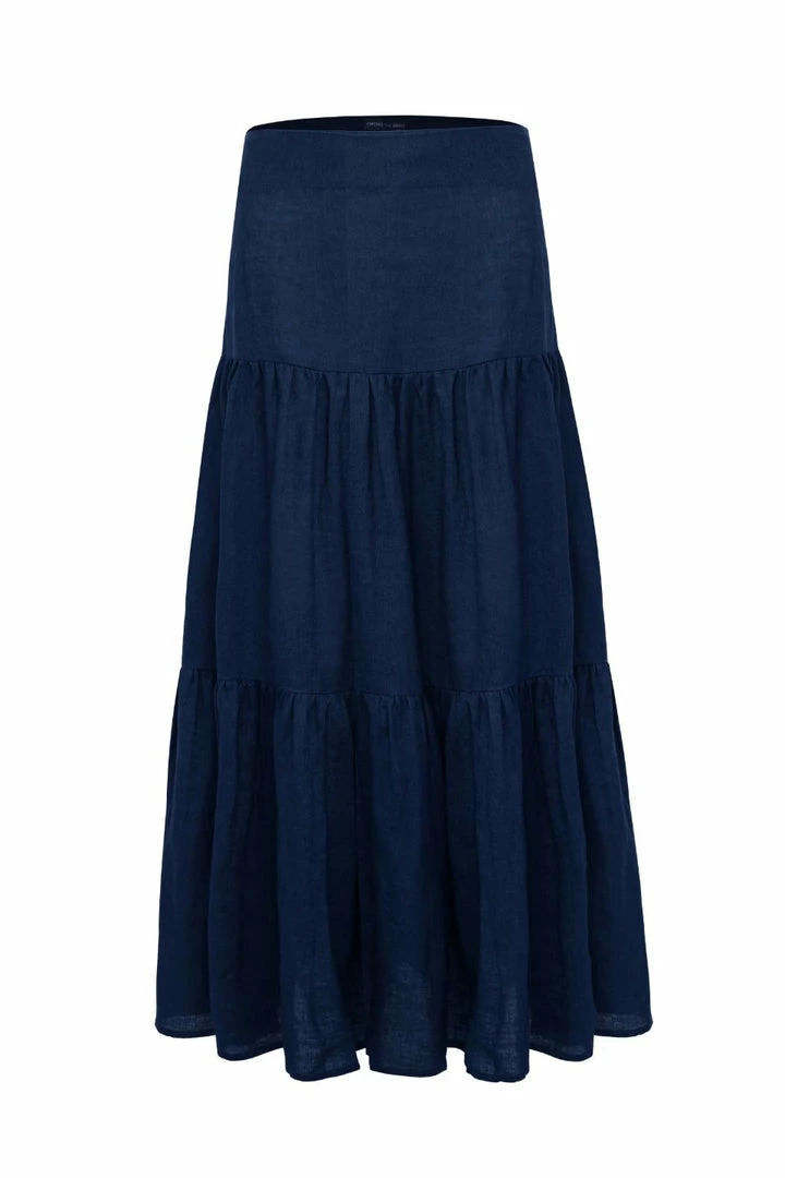 Among The Brave Blazing Navy Tiered Linen Midi Skirt Fashion