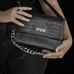 Stolen Big Trouble Black Croc Leather Shoulder Bag With Silver Chain Hardware Accessories
