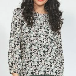 Ketz-Ke Fashion Divvy Black Ditsy Crew Neck LS Top