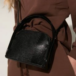 Brie Leon Evie Small Crossbody Black Lizard Bag With Top Handle Accessories