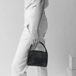 Brie Leon Evie Small Crossbody Black Lizard Bag With Top Handle Accessories