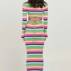 Charlie Holiday Martina Multi Stripe LS Midi Knit Dress Fashion
