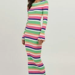 Charlie Holiday Martina Multi Stripe LS Midi Knit Dress Fashion