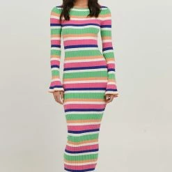Charlie Holiday Martina Multi Stripe LS Midi Knit Dress Fashion