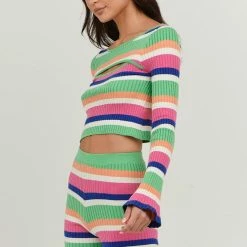 Charlie Holiday Martina Multi Stripe Open Front LS Knit Top Fashion