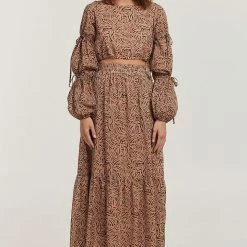 Charlie Holiday Whitney Crop Brown Abstract Animal LS Blouse Fashion