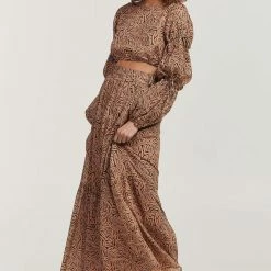 Charlie Holiday Whitney Abstract Brown Animal Tiered Maxi Skirt Fashion