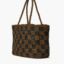 Brie Leon Check Small Walnut Black Straw Raffia Woven Tote