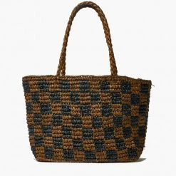Brie Leon Check Small Walnut Black Straw Raffia Woven Tote