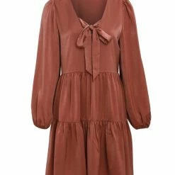 Among The Brave Fashion Deluxe Copper LS Balloon Sleeve Tie Back Tiered Mini Dress
