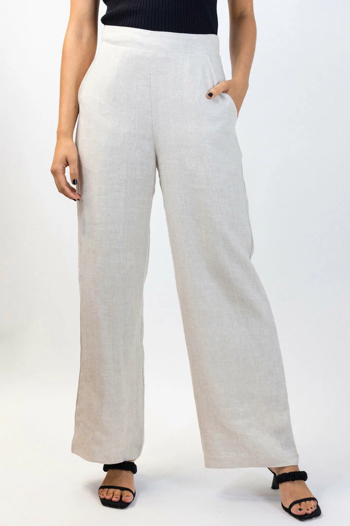 Among The Brave Fashion Freedom Natural Flat Front Deep Waistband Wide Leg Linen Pant