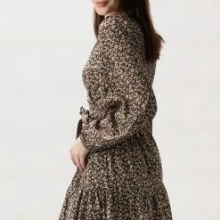 Among The Brave Full Of Life Black Ditsy Floral LS Balloon Sleeve Wrap Tiered Mini Dress Fashion