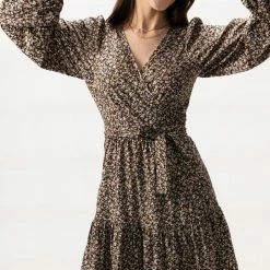 Among The Brave Full Of Life Black Ditsy Floral LS Balloon Sleeve Wrap Tiered Mini Dress Fashion