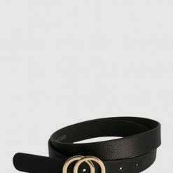 Loop Leather Accessories Brittany 27mm Black Leather Belt With Double Circle Gold Buckle