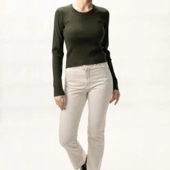Among The Brave Inspired Dark Khaki LS Rib Knit Crew Neck Top Fashion