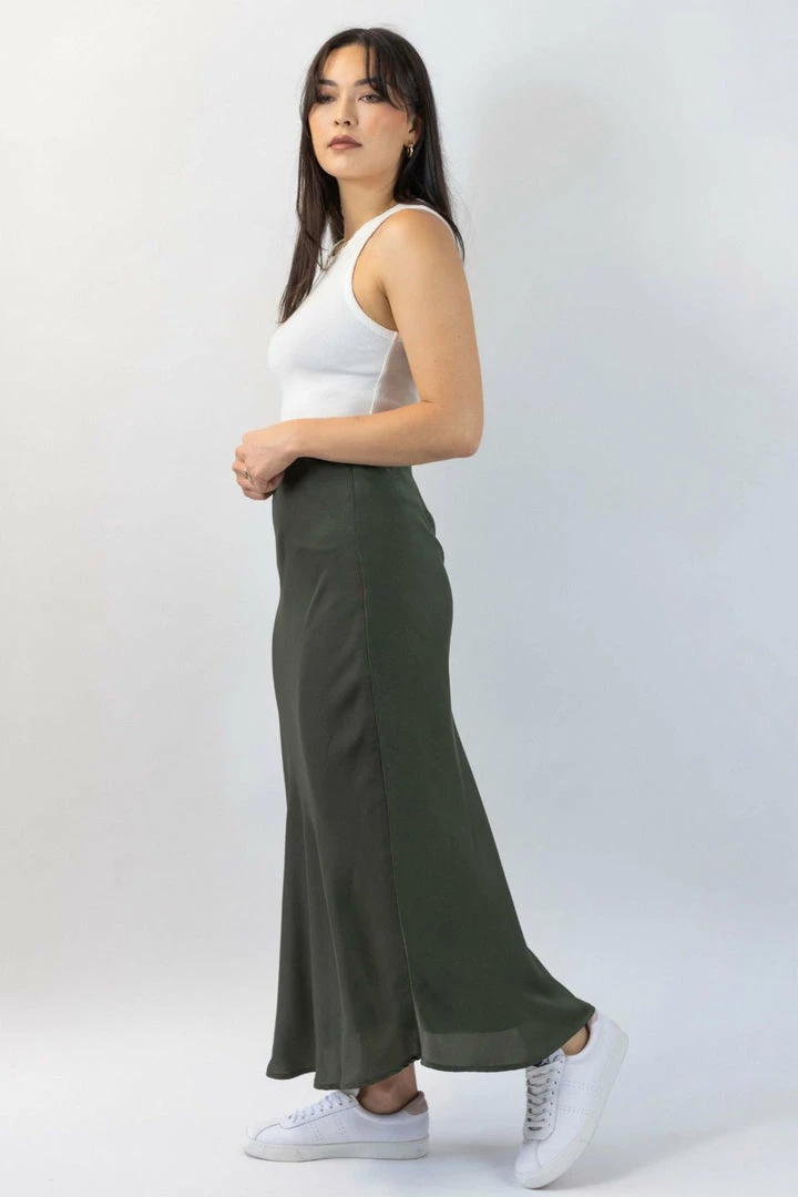 Ivy + Jack Fashion Ivy Khaki Washer Satin Midi Bias Skirt