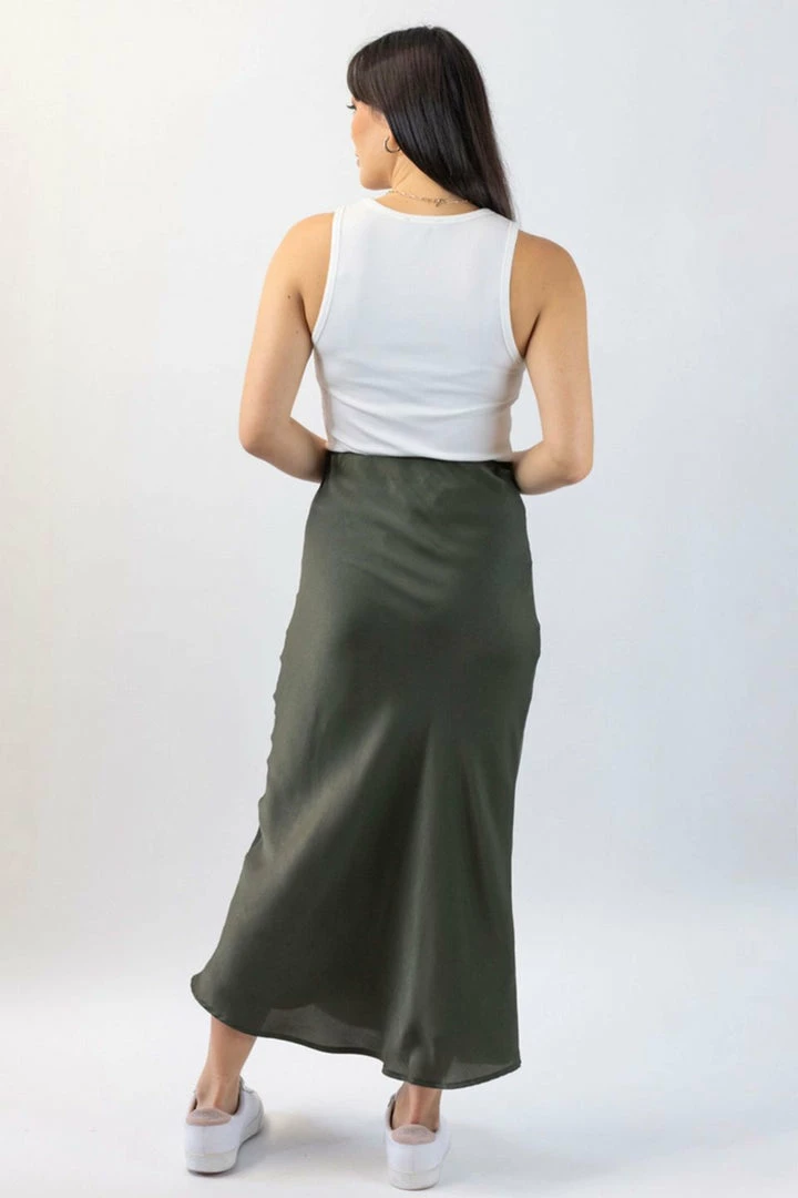 Ivy + Jack Fashion Ivy Khaki Washer Satin Midi Bias Skirt