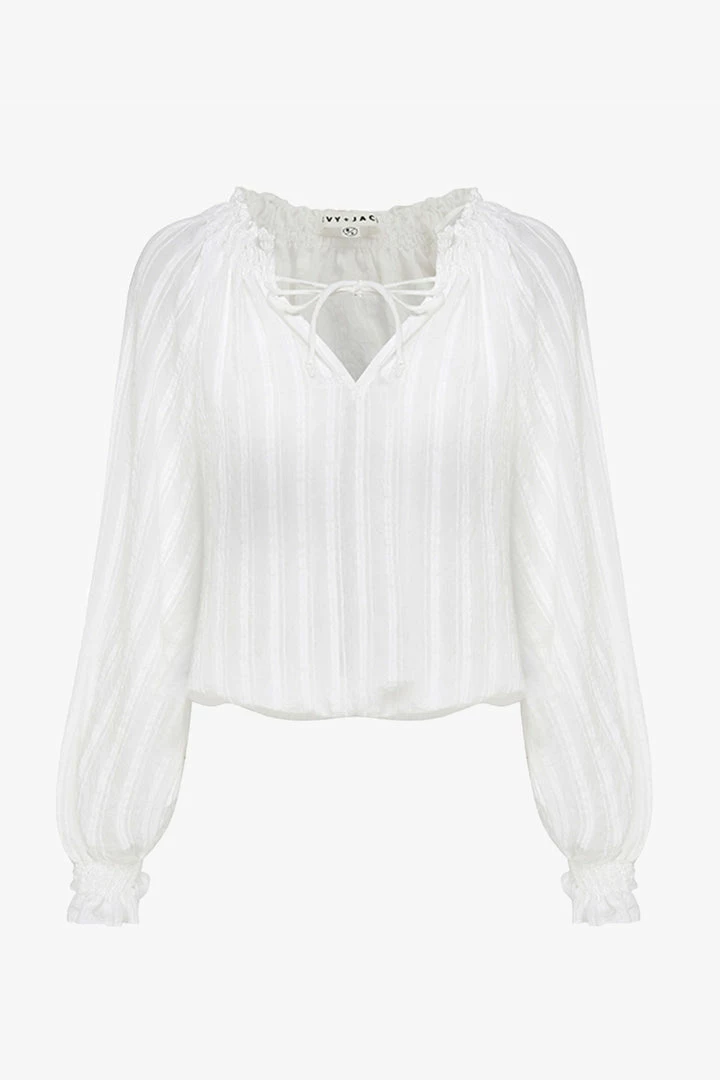 Ivy + Jack Fashion Jade White Texture LS Raglan Shirred V Neck Elastic Hem Top