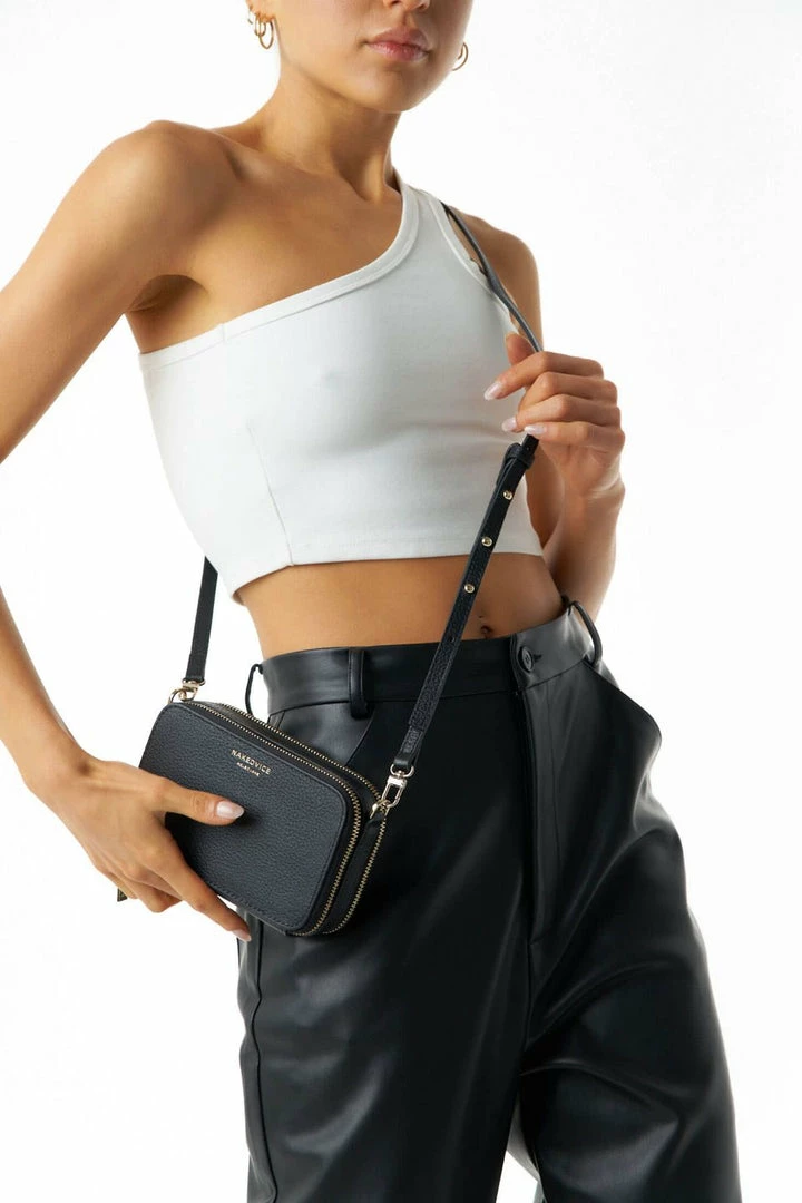 Nakedvice Accessories The Kiki Gold Double Zip Mini Crossbody Bag Black Leather