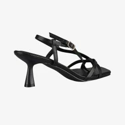 St Sana Layla Strappy Low Stiletto Black Vegan Leather Heel
