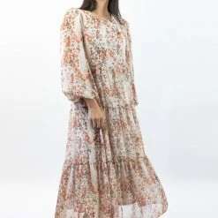 Ivy + Jack Naomi Sand Floral Blouson LS Tiered Maxi Dress Fashion