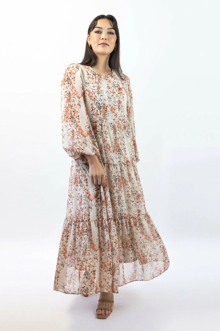 Ivy + Jack Naomi Sand Floral Blouson LS Tiered Maxi Dress Fashion