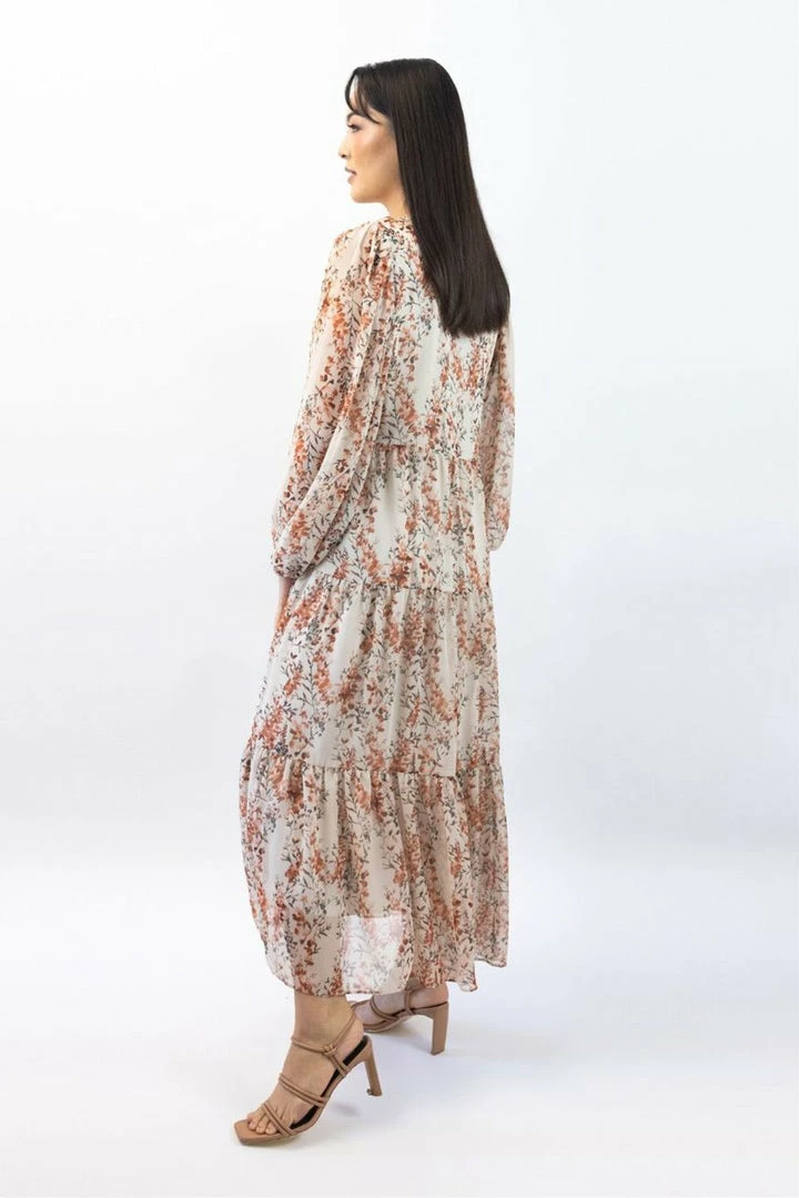 Ivy + Jack Naomi Sand Floral Blouson LS Tiered Maxi Dress Fashion