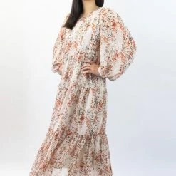 Ivy + Jack Naomi Sand Floral Blouson LS Tiered Maxi Dress Fashion