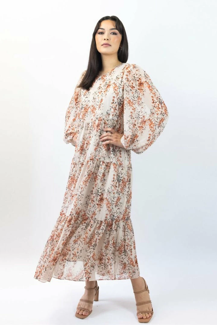 Ivy + Jack Naomi Sand Floral Blouson LS Tiered Maxi Dress Fashion