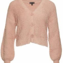 Among The Brave Fashion Tender Toffee Eyelash Yarn Blouson Sleeve Knit Cardigan