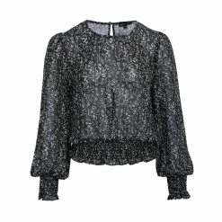 Among The Brave Pure Black Ditsy Fleck Puff Sleeve Shirred Blouse