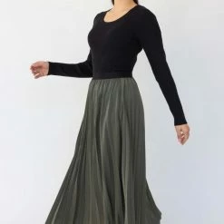 Ivy + Jack Fashion Radiant Khaki Washer Satin Pleated Midi Skirt