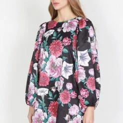 Federation Runaway Silky Satin LS Black Floral Mini Dress