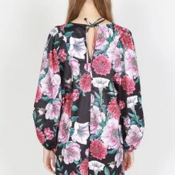 Federation Runaway Silky Satin LS Black Floral Mini Dress