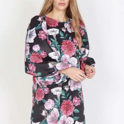 Federation Runaway Silky Satin LS Black Floral Mini Dress