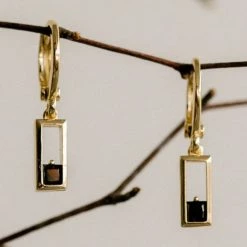 Silver Linings Accessories Realm Gold Square Sleeper Earring With Black Garnet