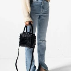 Status Anxiety Worst Behind Us Black Croc Embossed Leather Bag