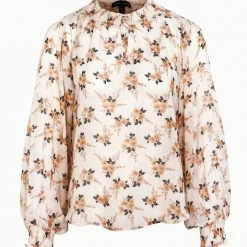 Among The Brave Fashion Surreal Peach Floral LS Shirred Puff Sleeve High Neck Top